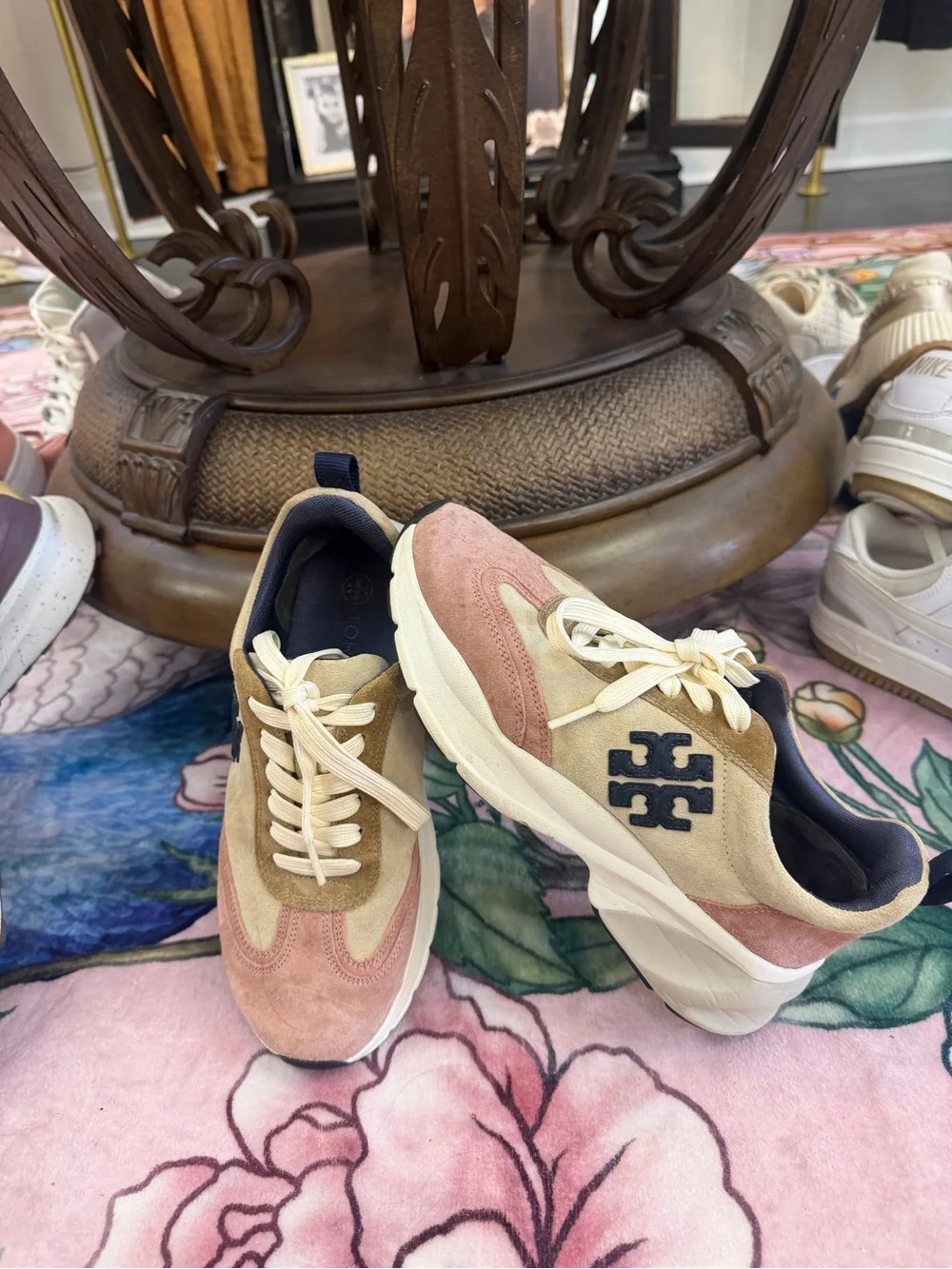 Tory Burch Suede Colorblock Athletic Sneakers in Pink, Tan & Navy